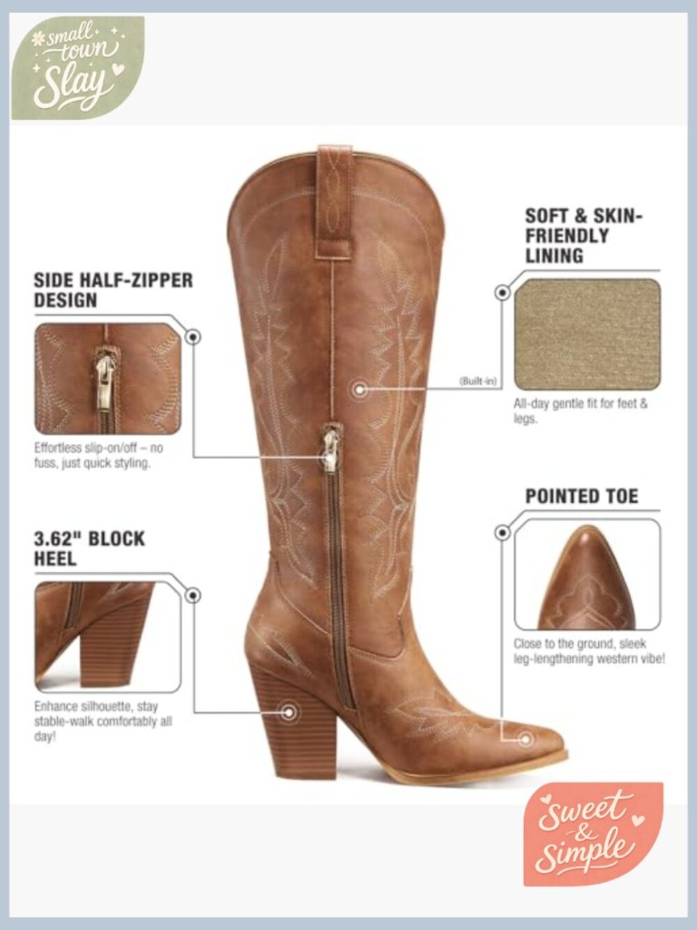 Knee High Chunky Heel Western Boots with Side Zipper - Picture 4 of 7